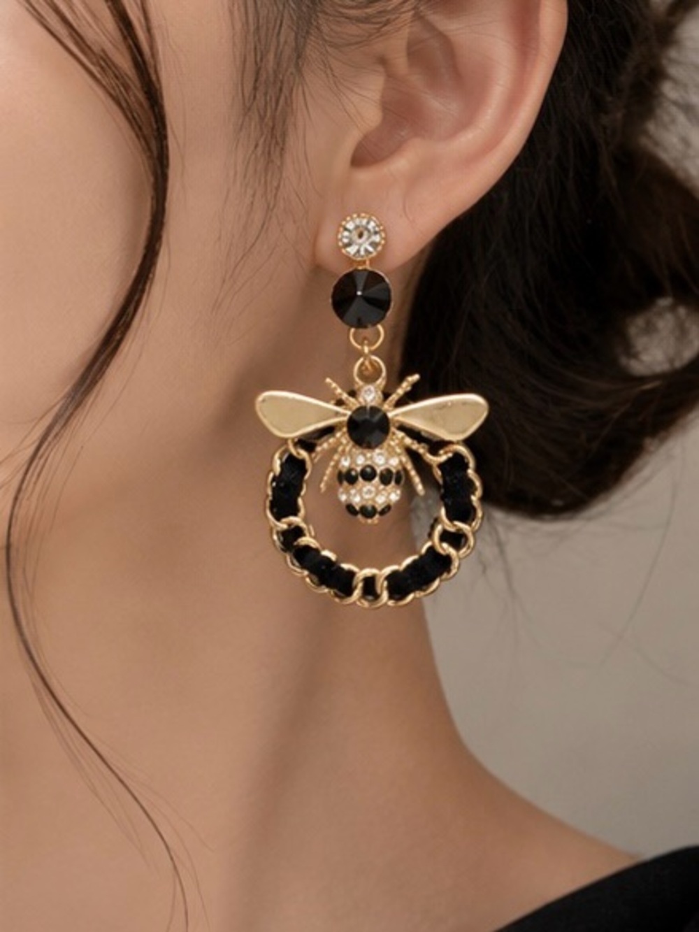 Gold Bee Drop Earrings with Black Accents